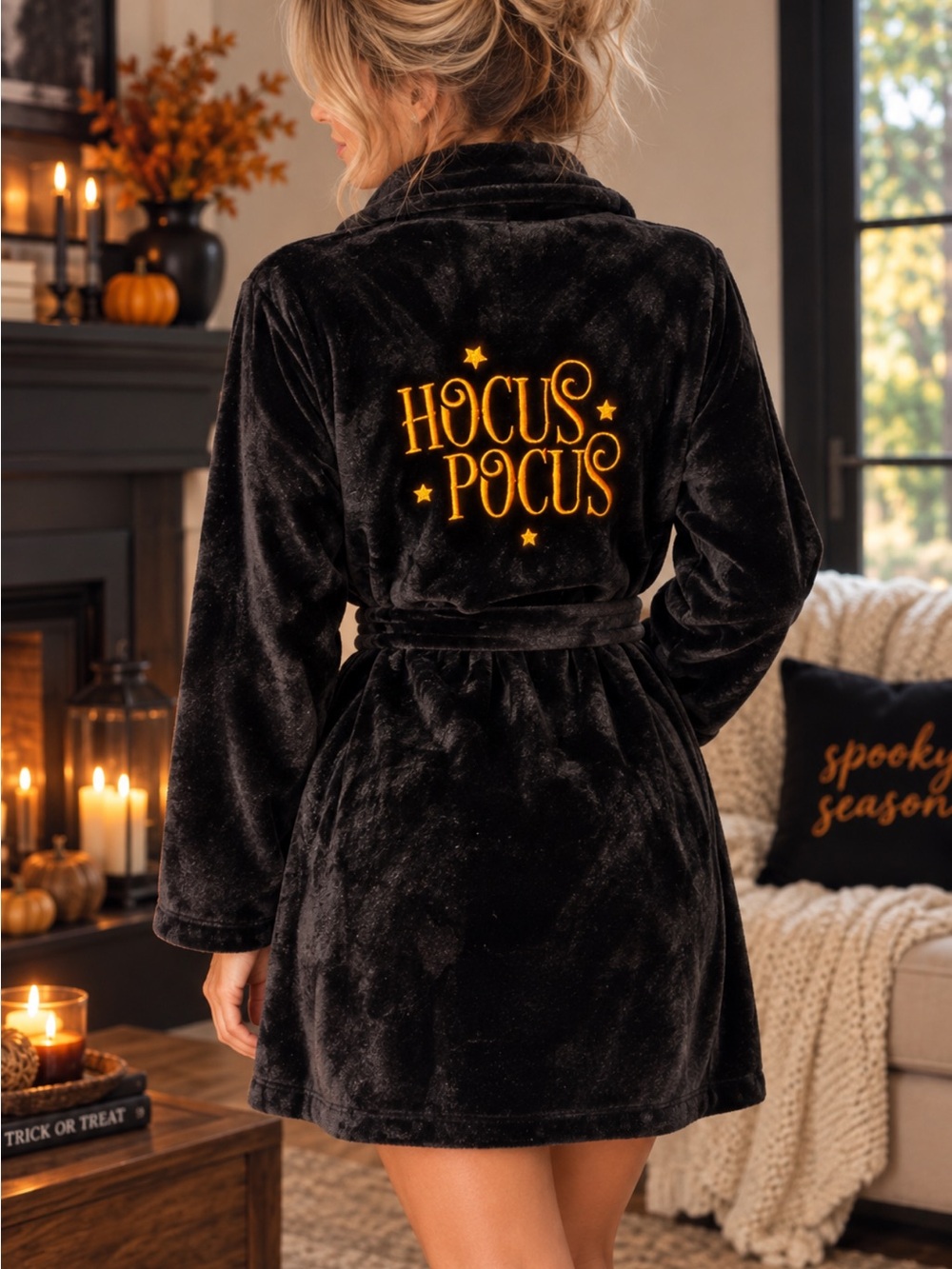 🖤 Hocus Pocus Black Plush Velour Robe – Embroidered Halloween Lounge Robe